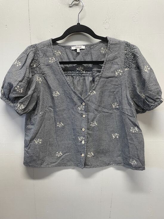 Madewell Tops - Madewell Women's V Neck Top Small Puff Sleeves Cropped Navy & Ivory Houndstooth